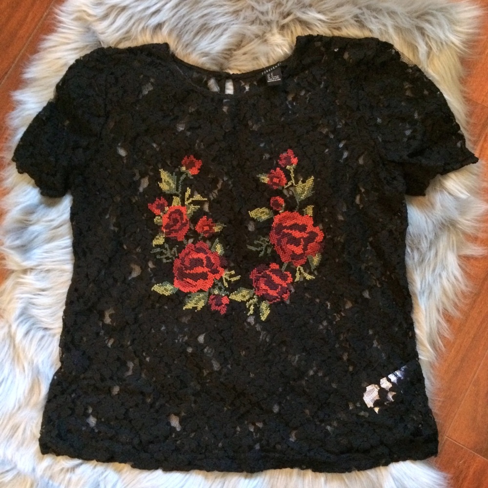 Forever 21 Black Lace Rose Embroidered Top